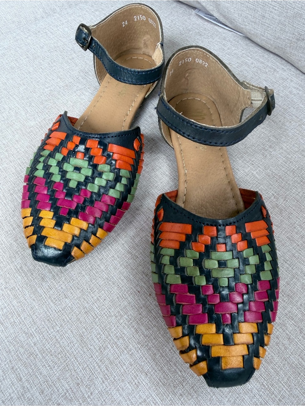 Artisan Huarache Leather Flats Multicolor Woven Ankle Strap